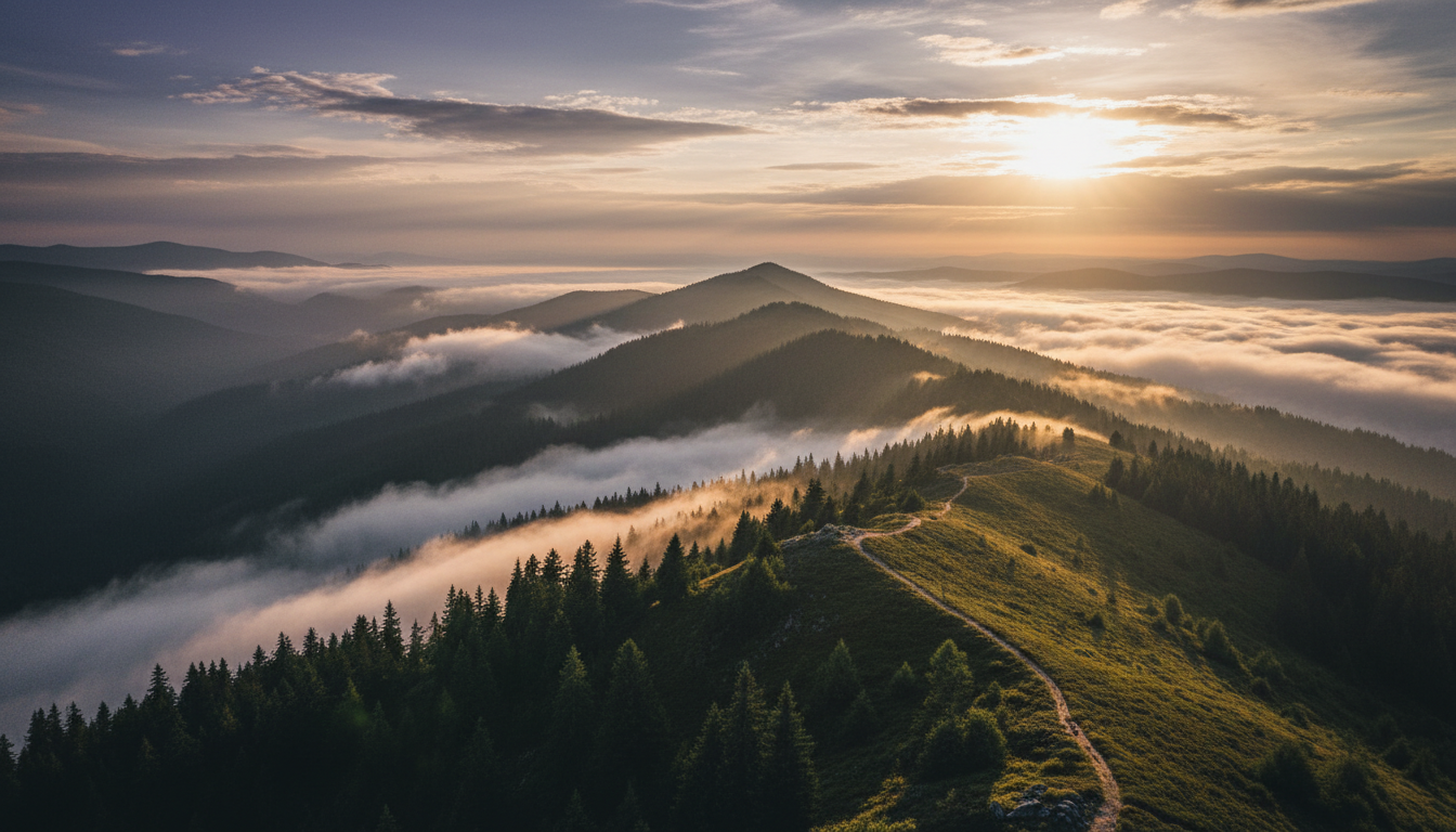 Misty mountain wilderness landscape at golden hour