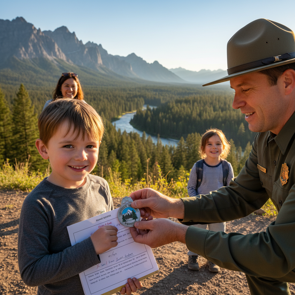 Young child receiving junior ranger badge from park ranger, outdoor education