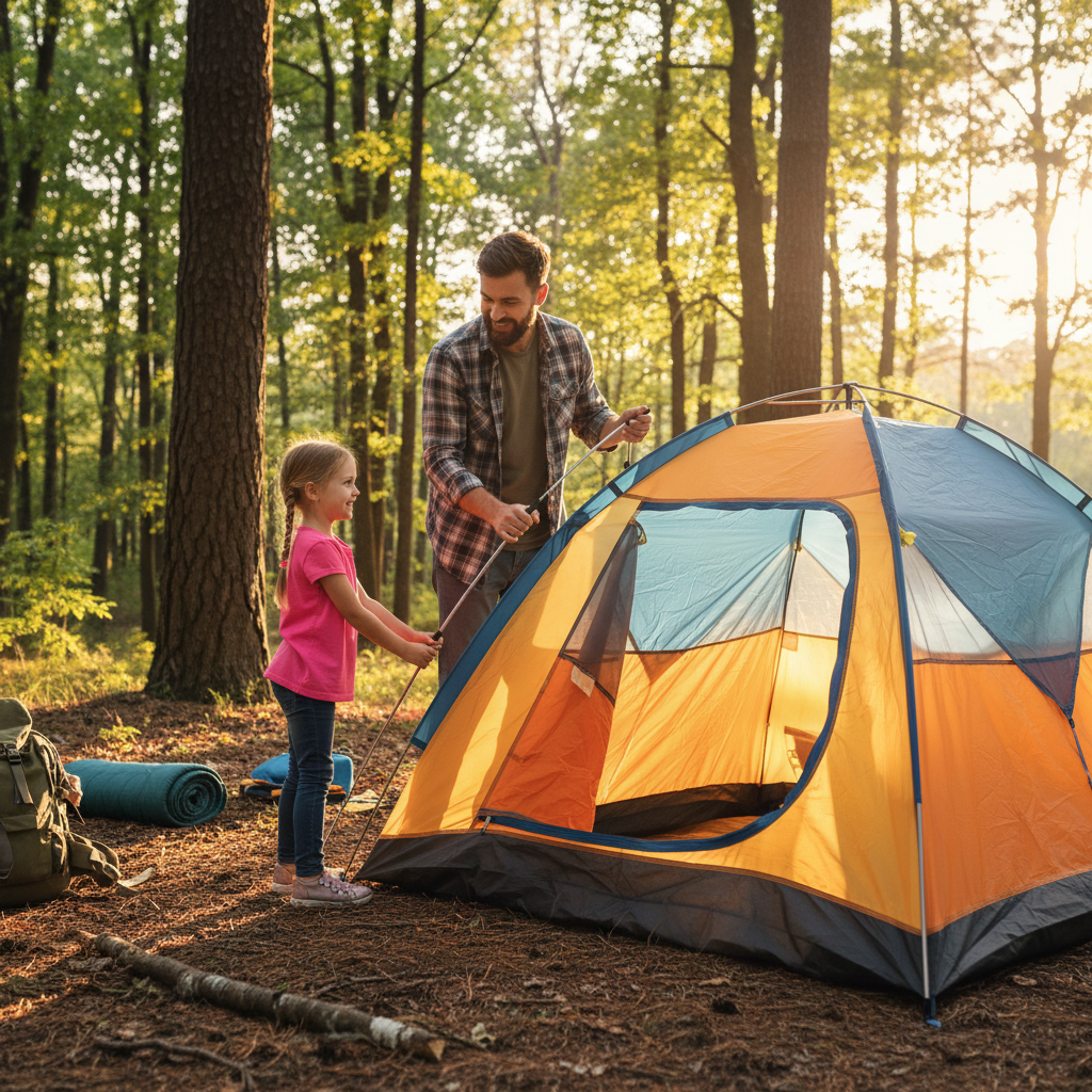 Father and daughter setting up bright dome tent together at forested campsite