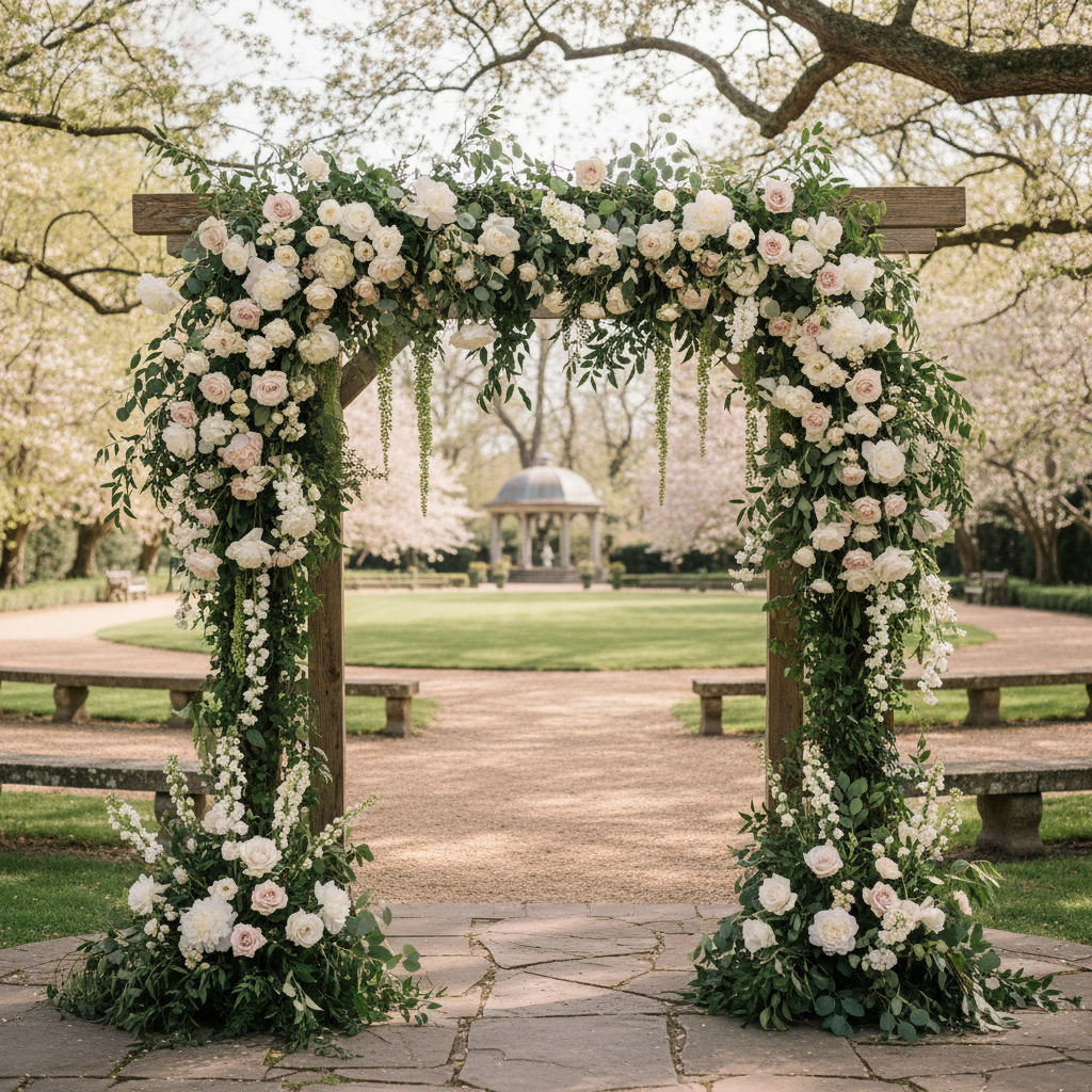 Beautiful wedding ceremony arch decorated with white and blush flowers