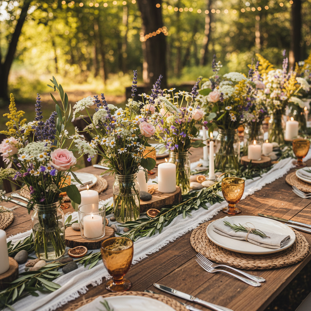 Rustic wedding tablescape with wildflowers in mason jars and candles