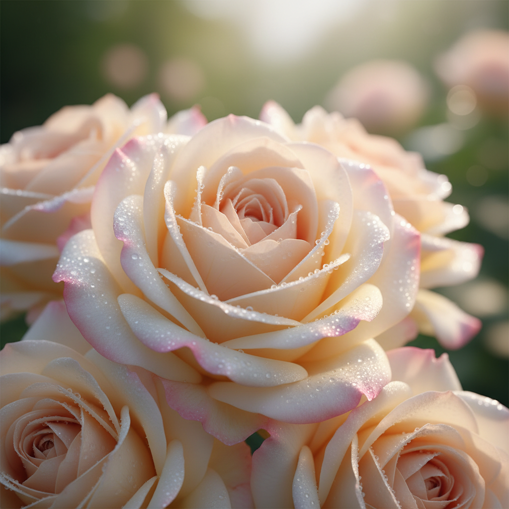 Garden roses in cream and blush pink with morning dew drops