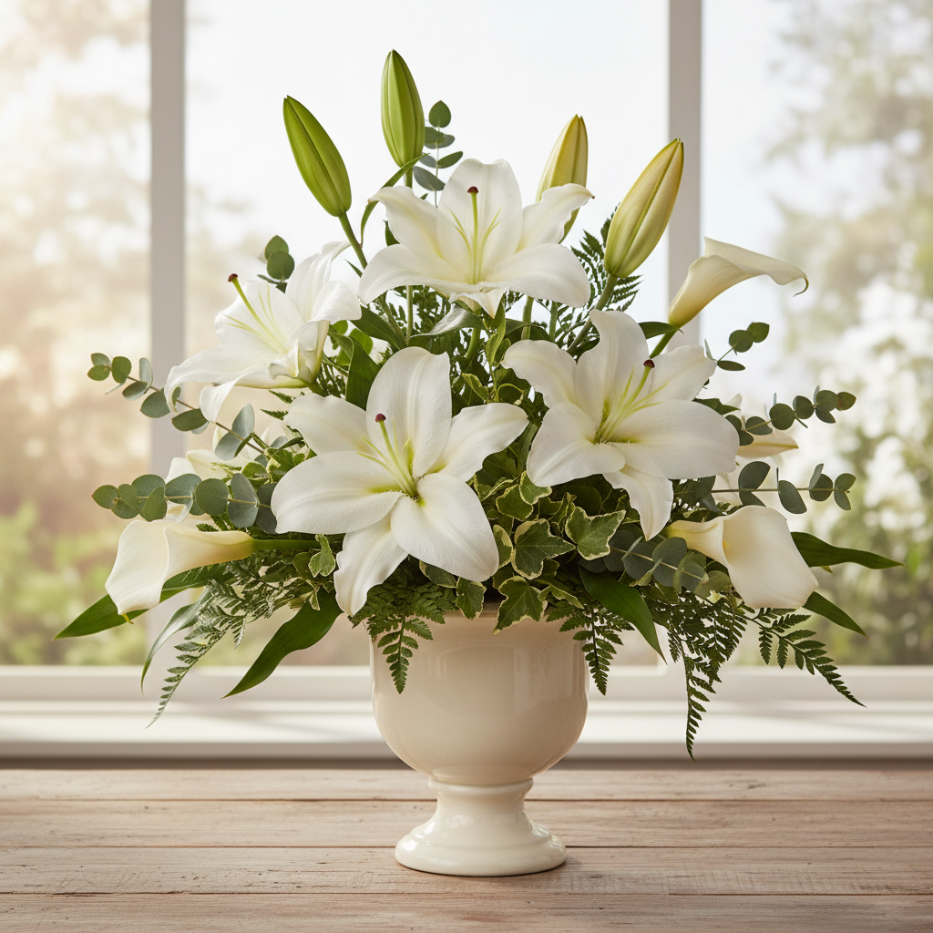 White sympathy lily arrangement in a classic vase, peaceful and elegant