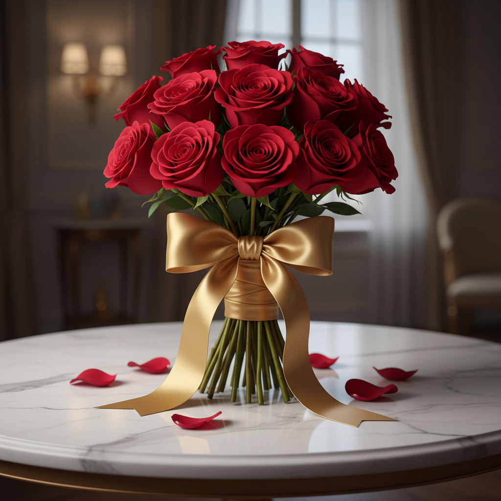 Dozen red roses tied with gold ribbon for anniversary gift