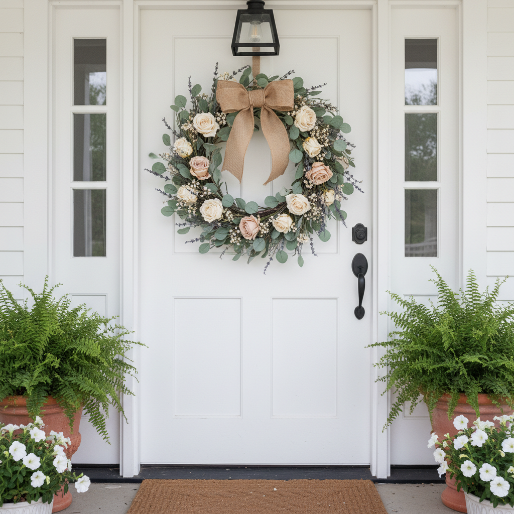 Dried flower wreath on a white door with eucalyptus and lavender