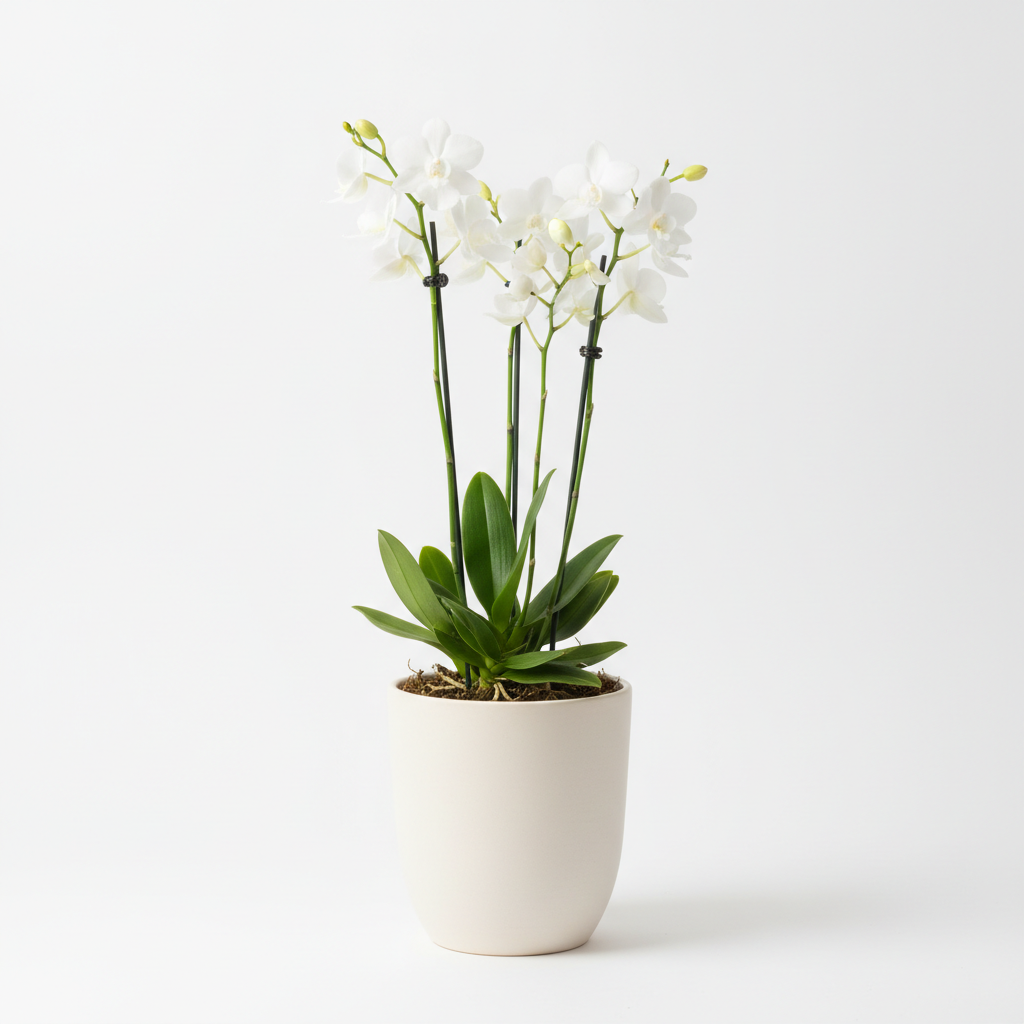 White dove orchid plant in a simple ceramic pot, sympathy gift