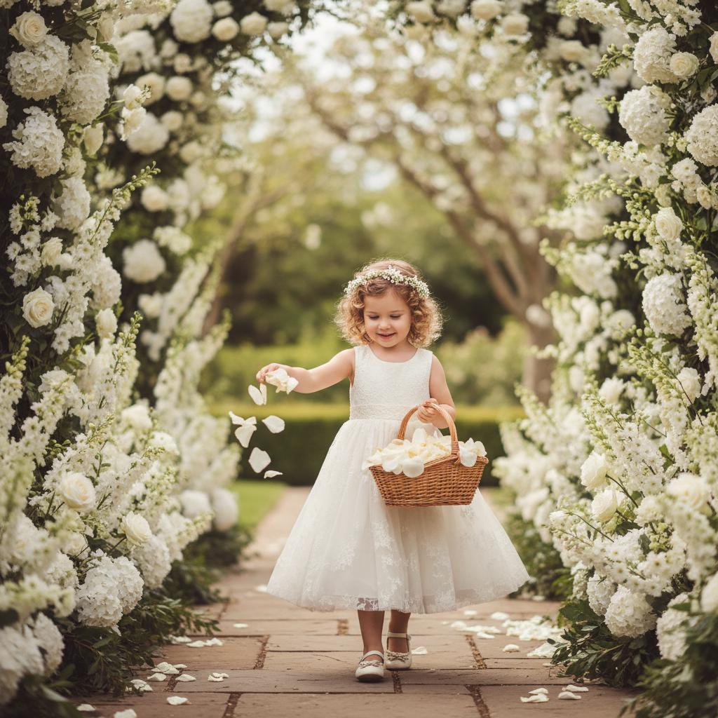 Flower girl walking down an outdoor garden aisle lined with white florals
