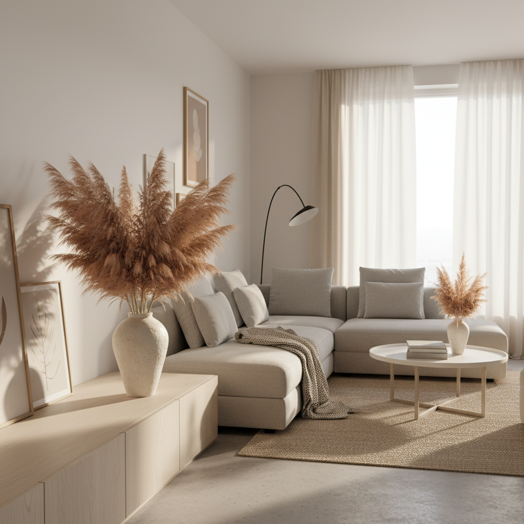 Modern living room with pampas grass in a tall ceramic vase, Scandinavian decor