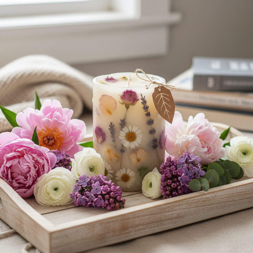 Botanical candle with dried flowers embedded in wax surrounded by fresh flowers