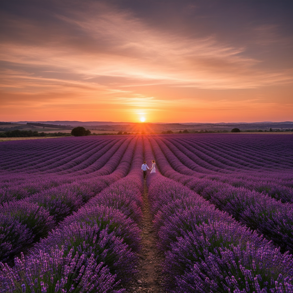 Lavender field at sunset, romantic and peaceful