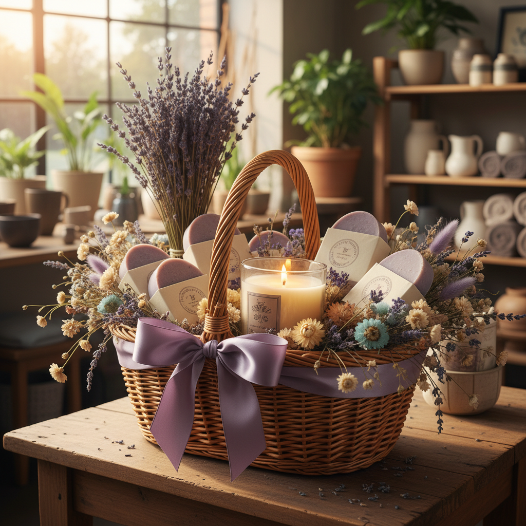 Wicker gift basket with lavender, soaps, candle and dried flowers with a bow