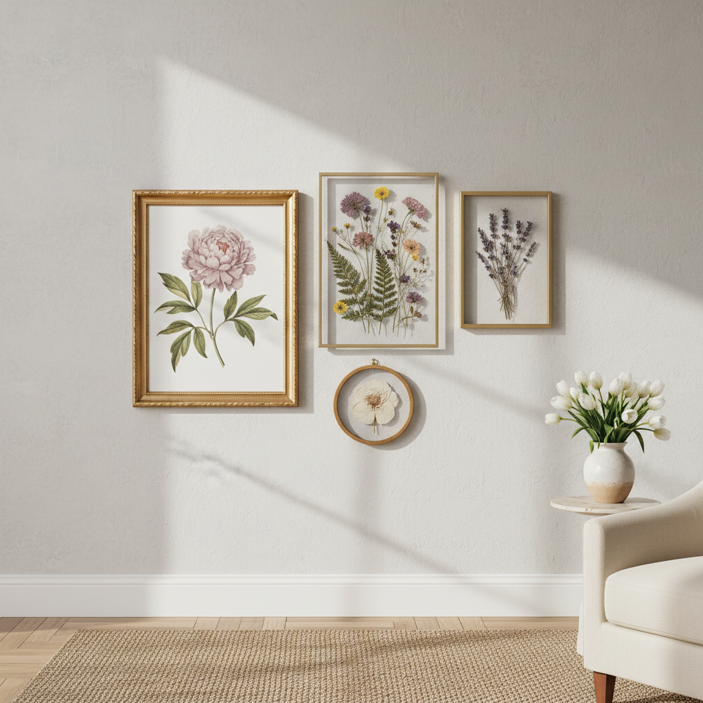 Pressed flower art in a gold frame as botanical home decor