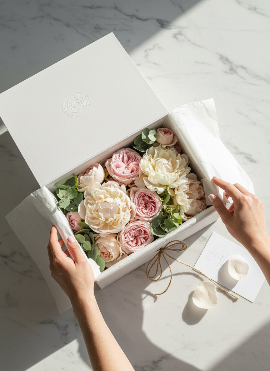 Premium flower delivery box being opened revealing fresh roses and peonies