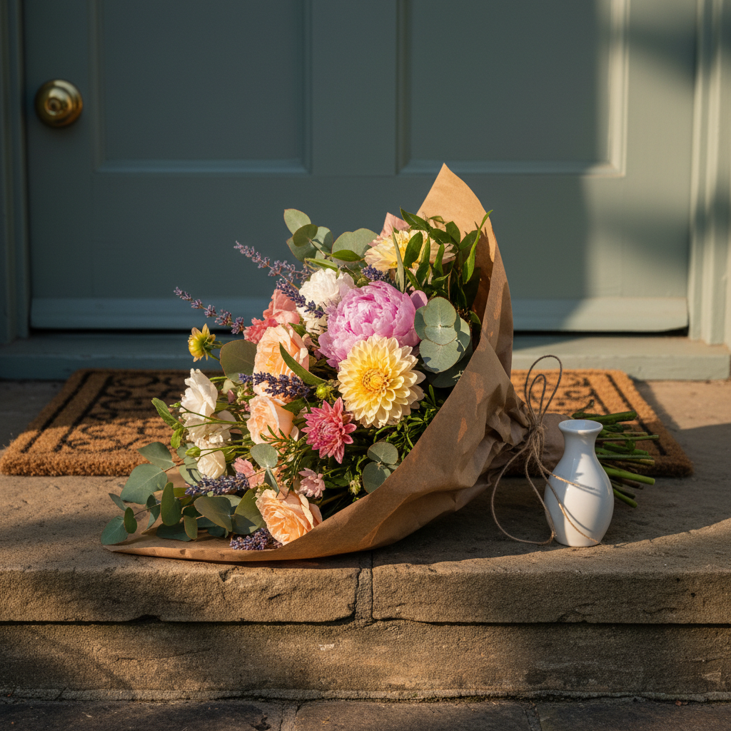 Fresh flower bouquet in kraft paper lying on a doorstep in sunlight