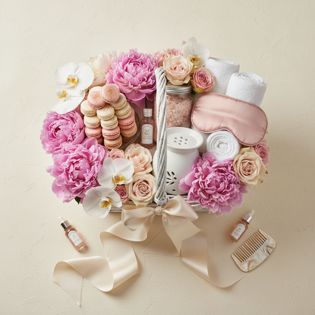 Luxury women's gift basket with pink flowers, macarons and spa products on cream background