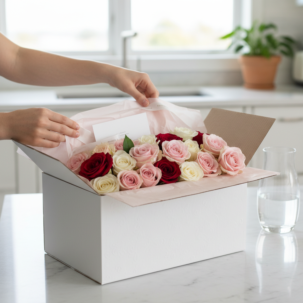 Hands opening a premium flower delivery box revealing fresh roses wrapped in tissue
