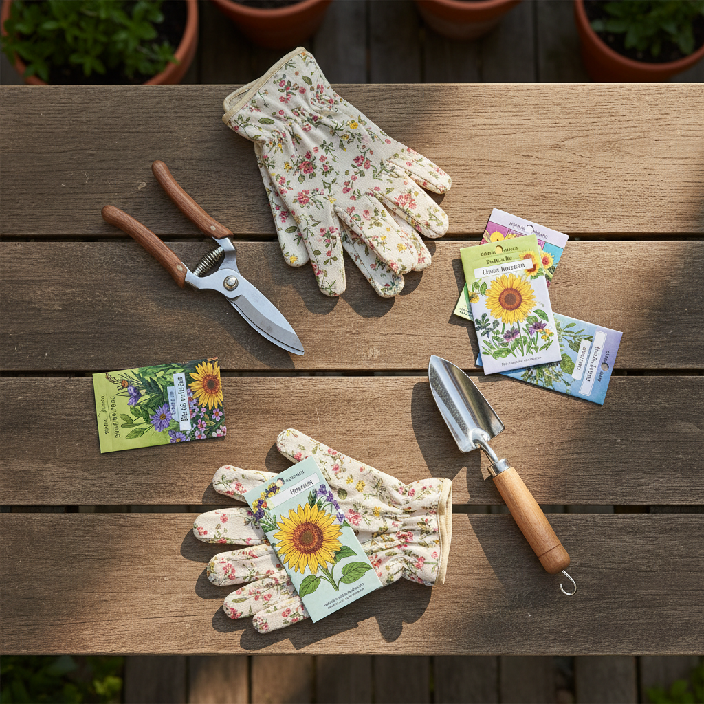 Garden tools gift set flat lay: pruning shears, gloves and seed packets on wood