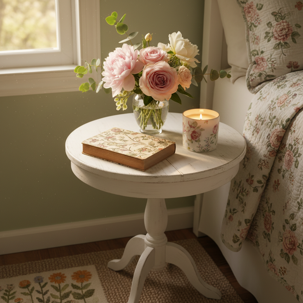 Bedroom nightstand with fresh garden flowers in a vase, book and candle