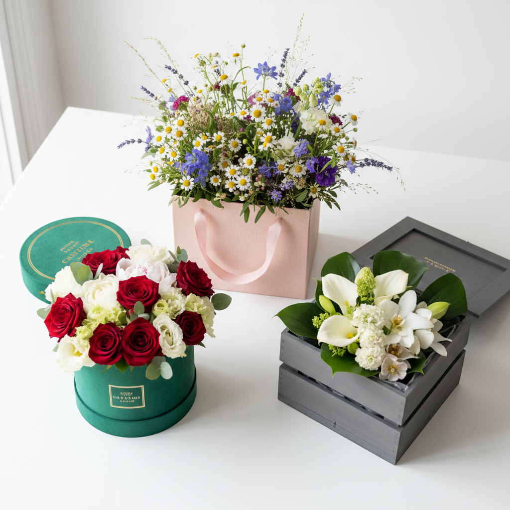 Comparison of multiple premium flower delivery bouquets on a white surface