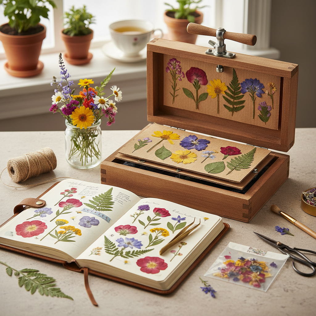 Flower pressing kit with journal open showing pressed botanical specimens