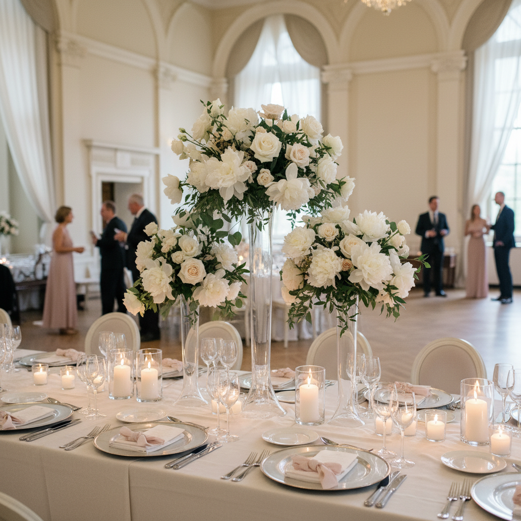 Wedding reception table with stunning white and blush centerpiece and candlelight