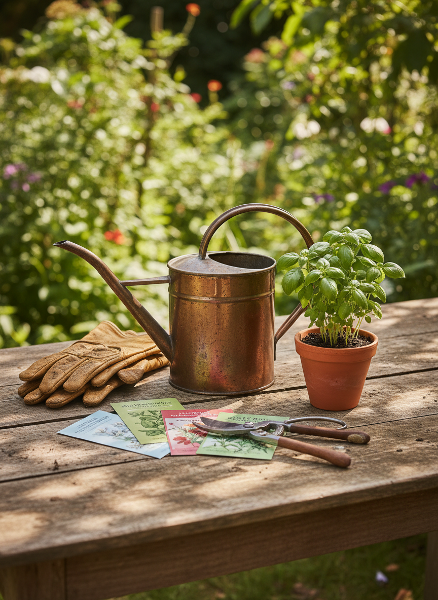 Beautiful garden lovers gift scene with watering can and tools in a sunny garden