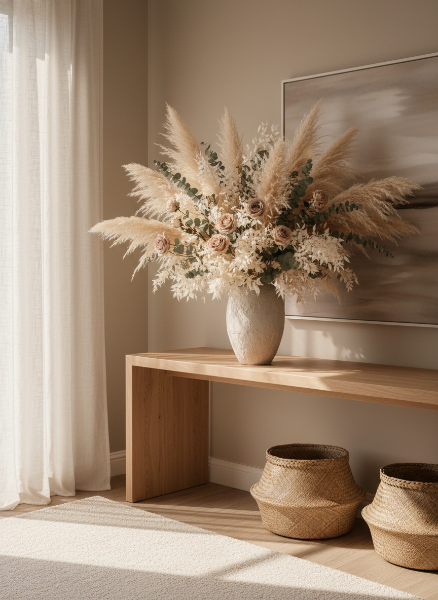 Modern living room with large dried pampas grass arrangement in a tall ceramic vase