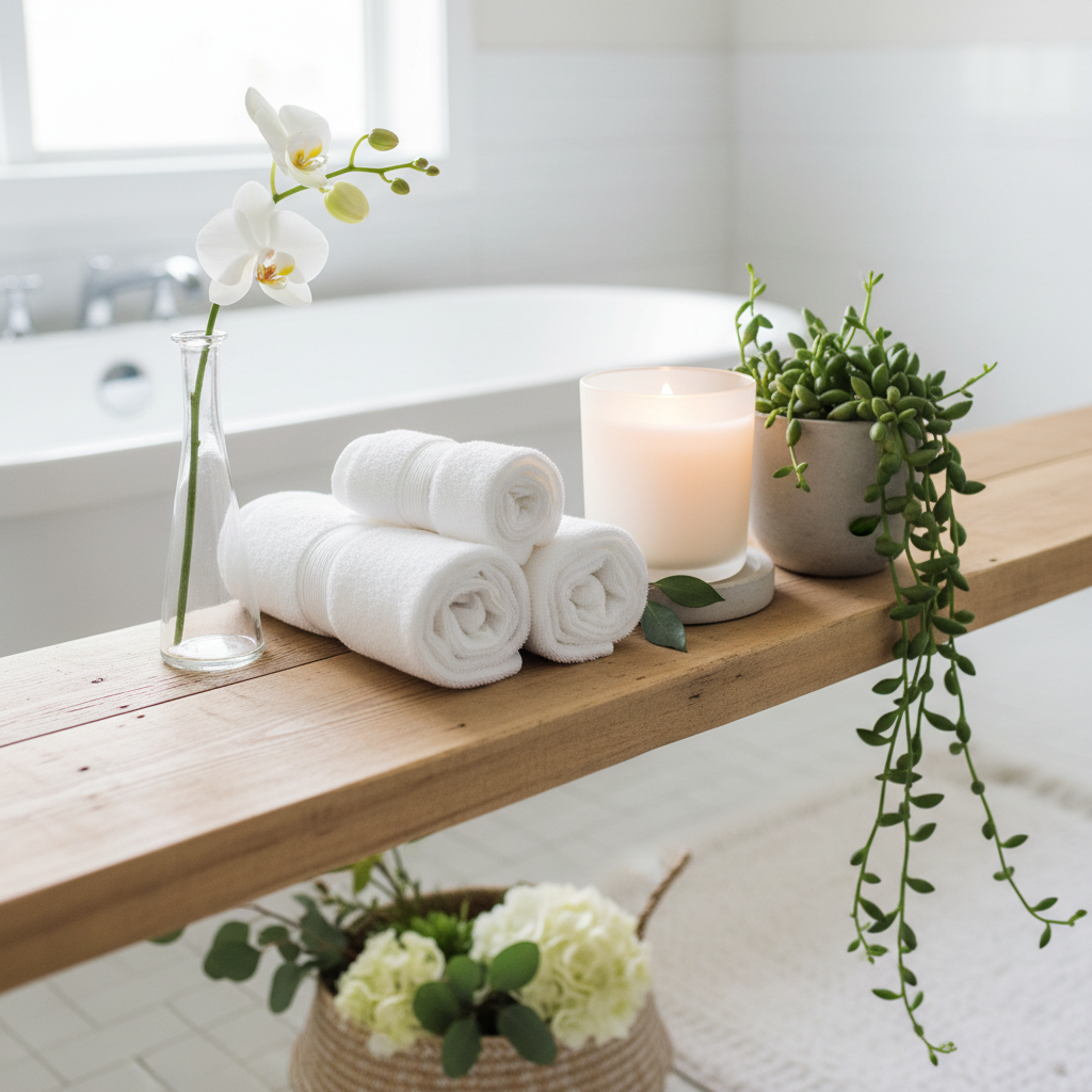 Bathroom shelf with a bud vase, rolled towels and candle for spa aesthetic