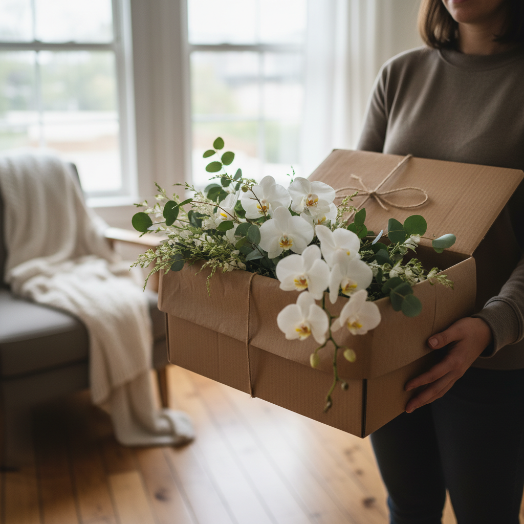 Sympathy flower delivery with white orchids and soft greenery