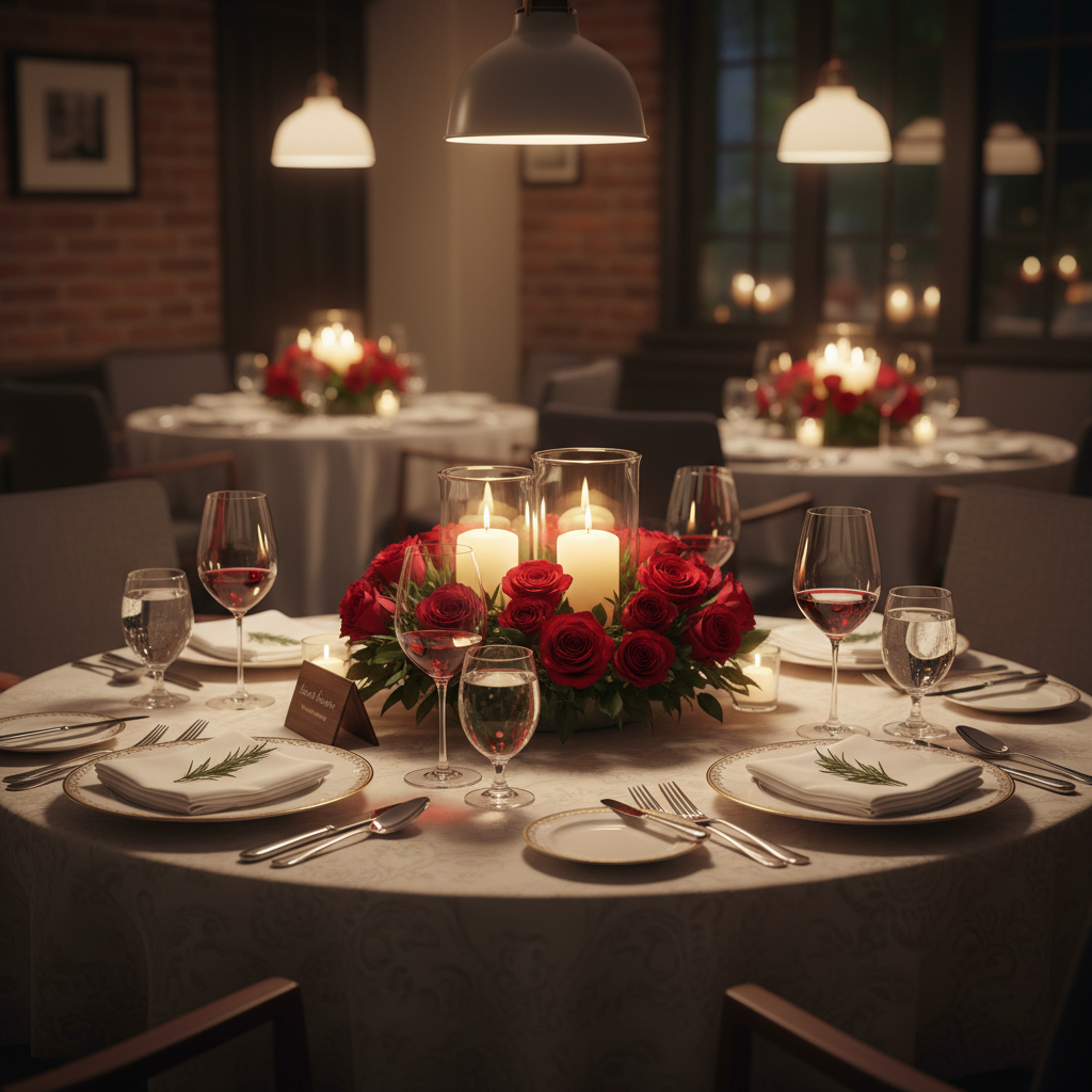 Romantic anniversary dinner table with red rose centerpiece and candles
