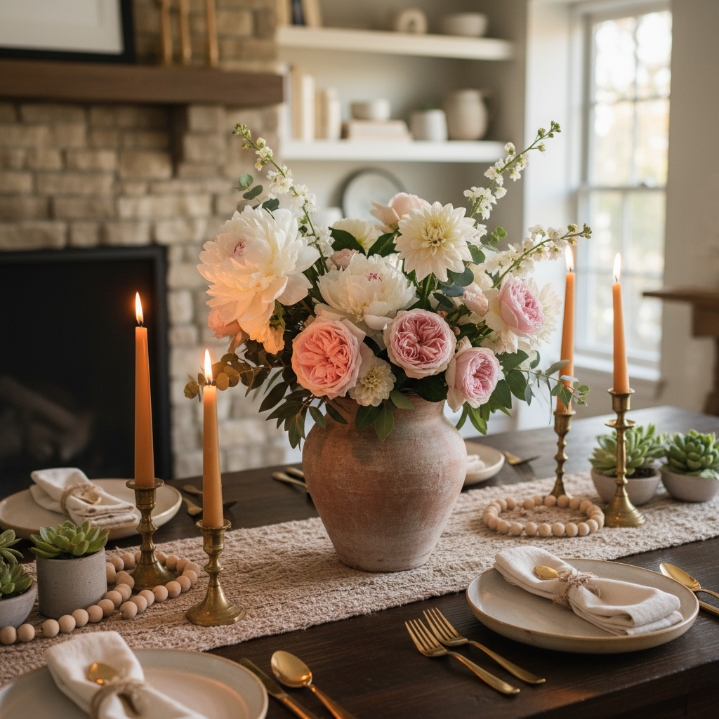 Dining table centerpiece with fresh flowers in a terracotta vase and candles