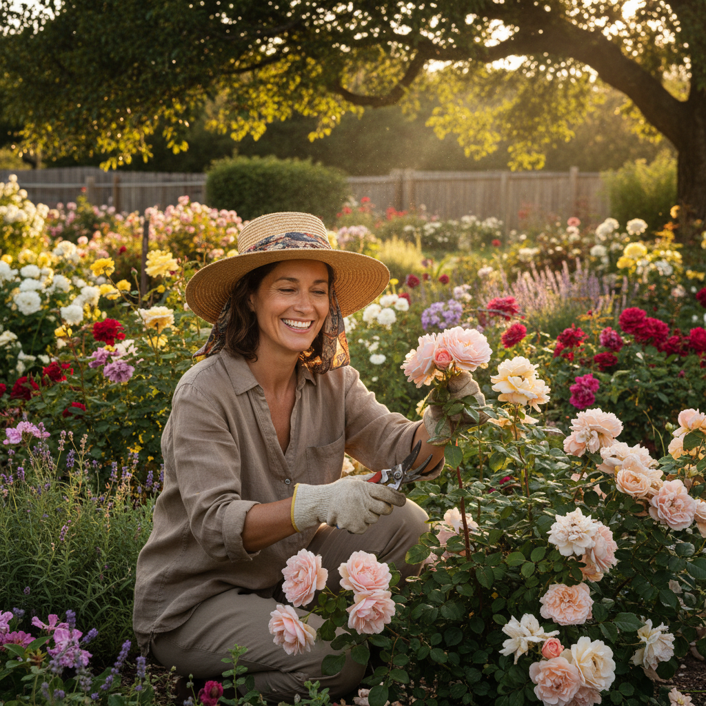 Woman in a sun hat tending to roses in a beautiful garden