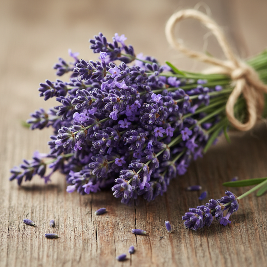 Purple lavender tied with twine symbolizing devotion and calm