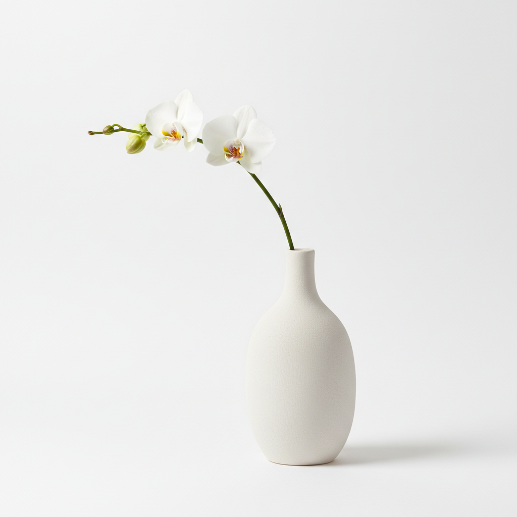 Beautiful ceramic flower vase with a single stem orchid, minimalist design