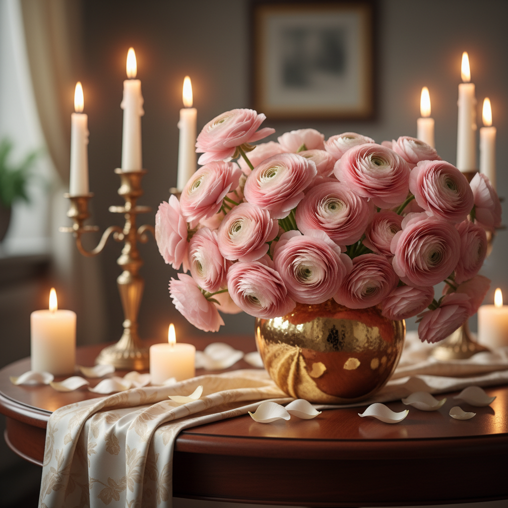 Blush pink ranunculus bouquet in a gold vase with candlelight