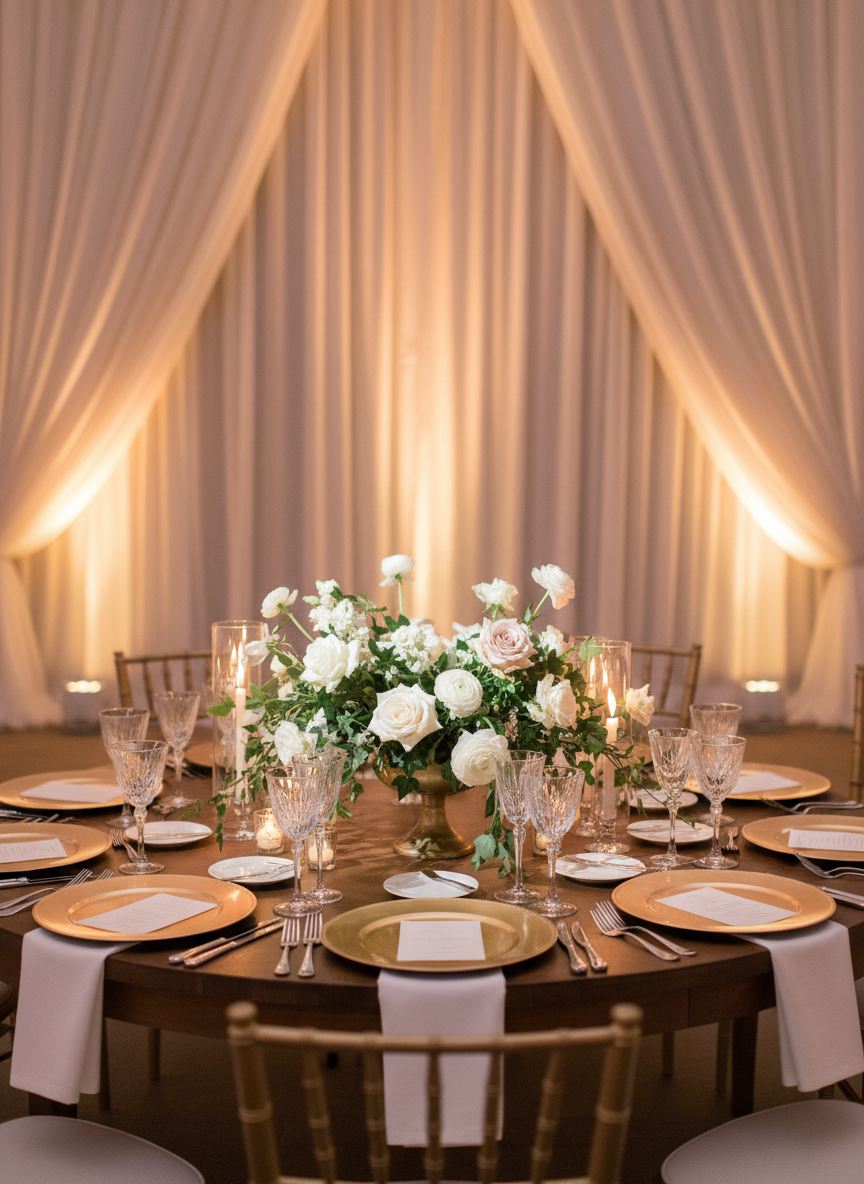 Elegant wedding floral centerpiece with white and blush flowers at a reception table