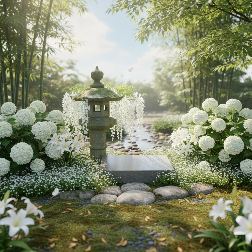 Peaceful garden memorial spot with white flowers and a stone lantern