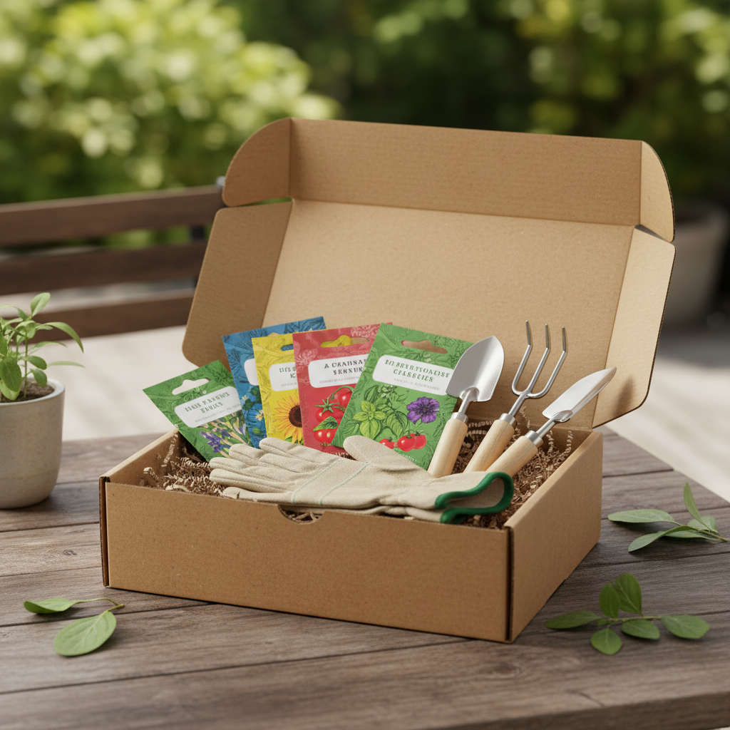 Gardening gift subscription box with seed packets, gloves and tools