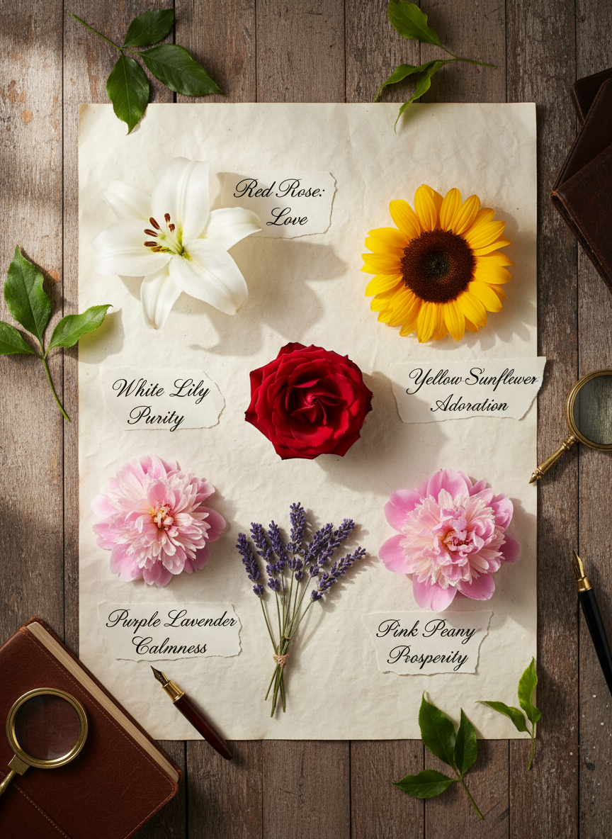 Overhead flat-lay of different flowers representing their meanings and symbolism