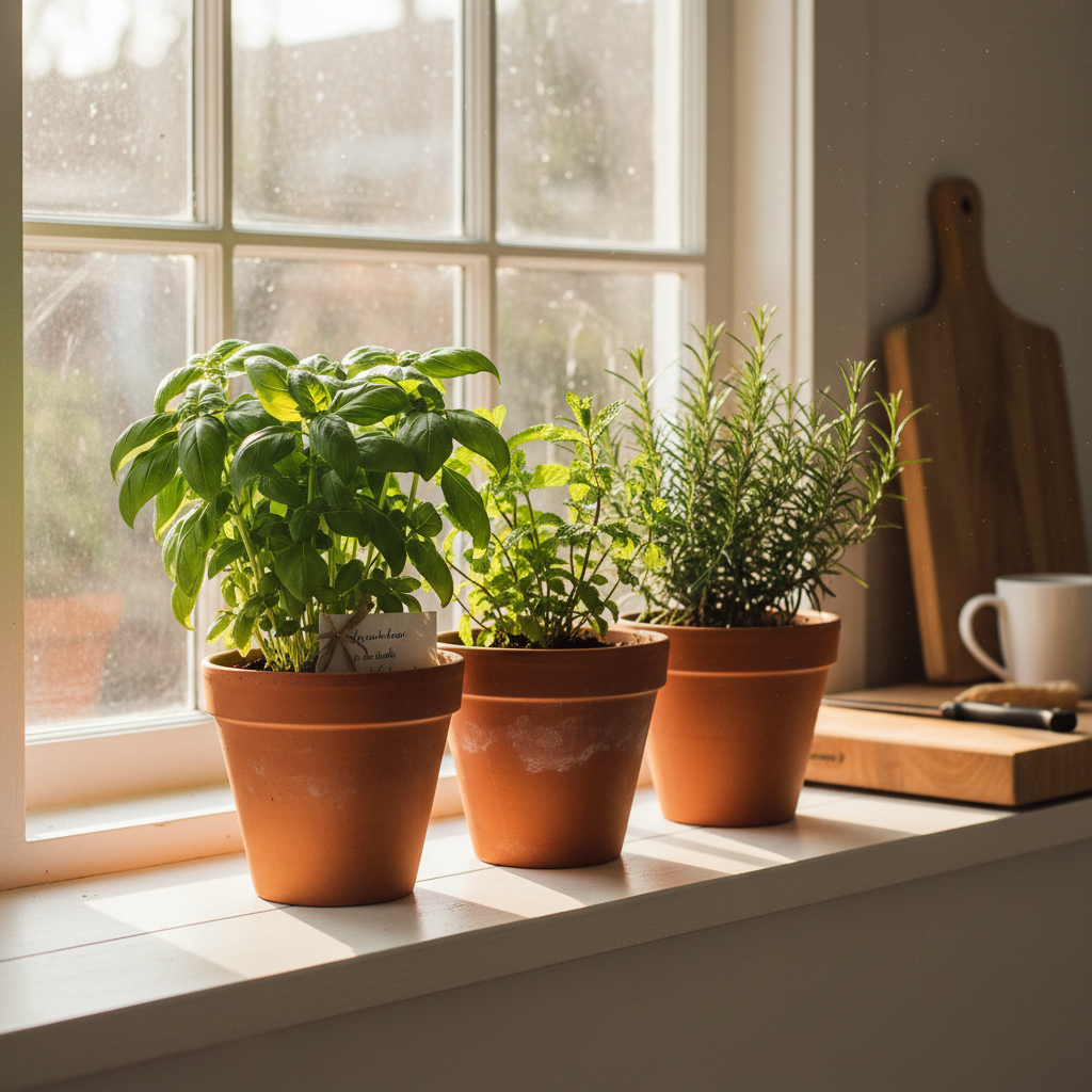 Potted herb garden on a kitchen windowsill with basil, mint and rosemary