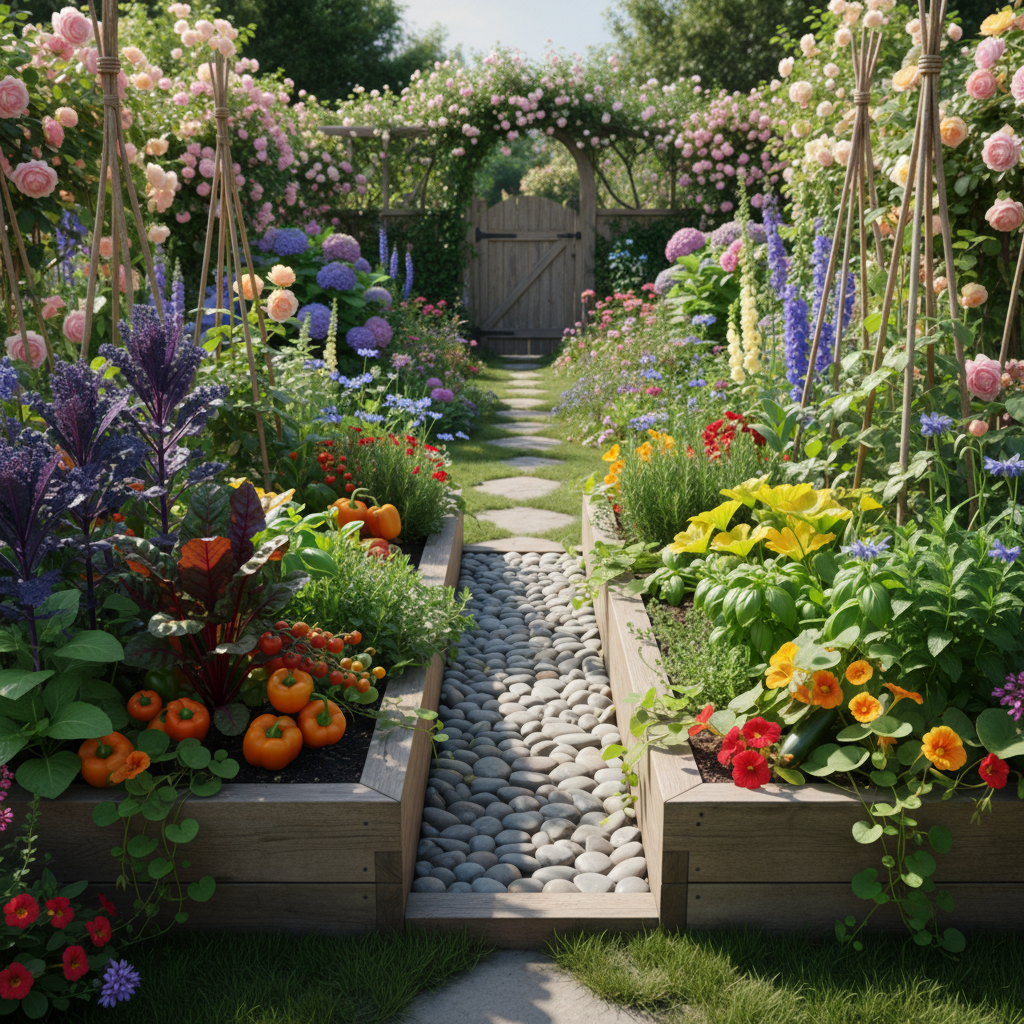Colorful raised garden bed with vegetables and herbs in a sunny backyard