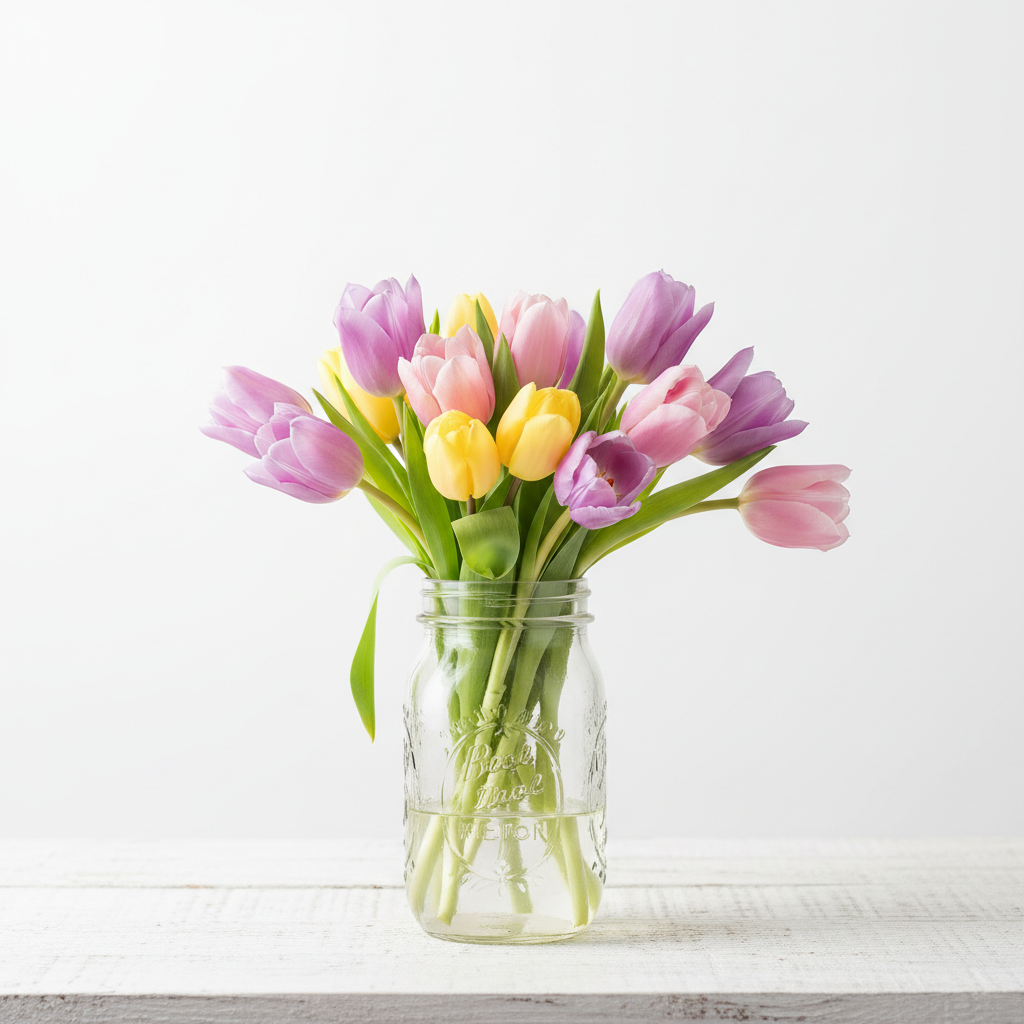 Pastel tulips in purple, pink and yellow in a farmhouse mason jar