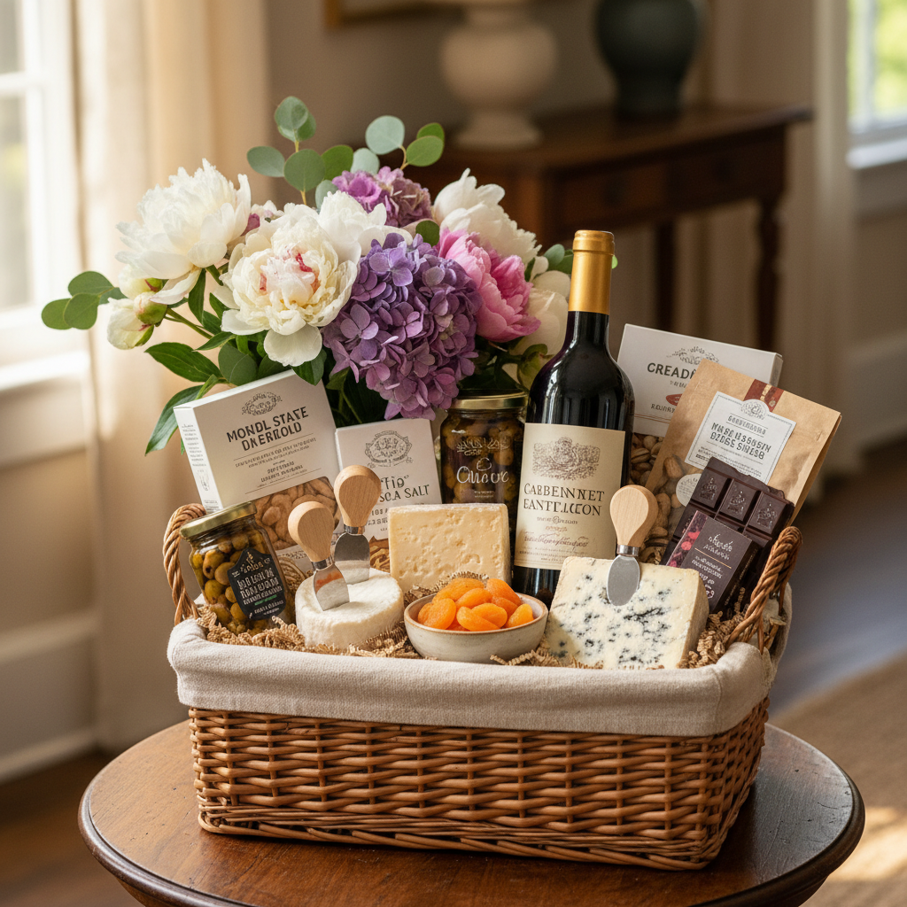 Gourmet gift basket for women with wine, cheese, flowers and artisan snacks