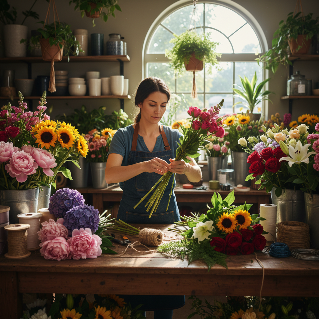 Professional florist arranging a bouquet in a bright flower shop