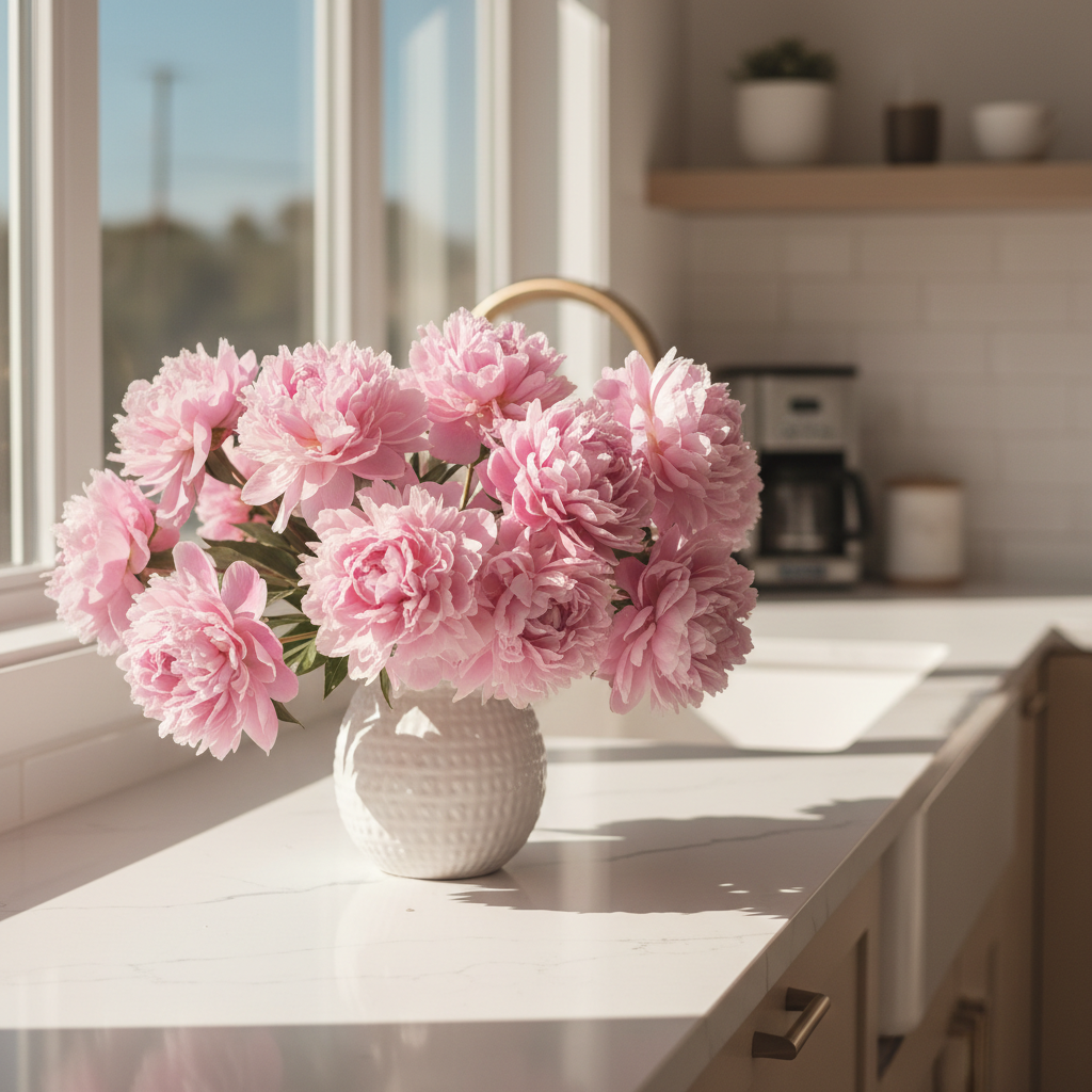 Soft pink peonies arranged in a white ceramic vase for Mother's Day
