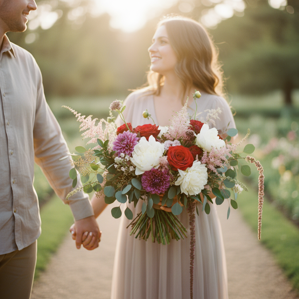 Couple holding hands with a romantic bouquet of mixed flowers