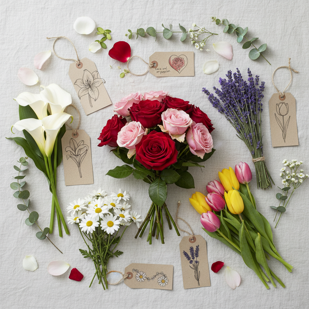 Flower language chart flat lay with rose, lily, daisy, lavender and tulip