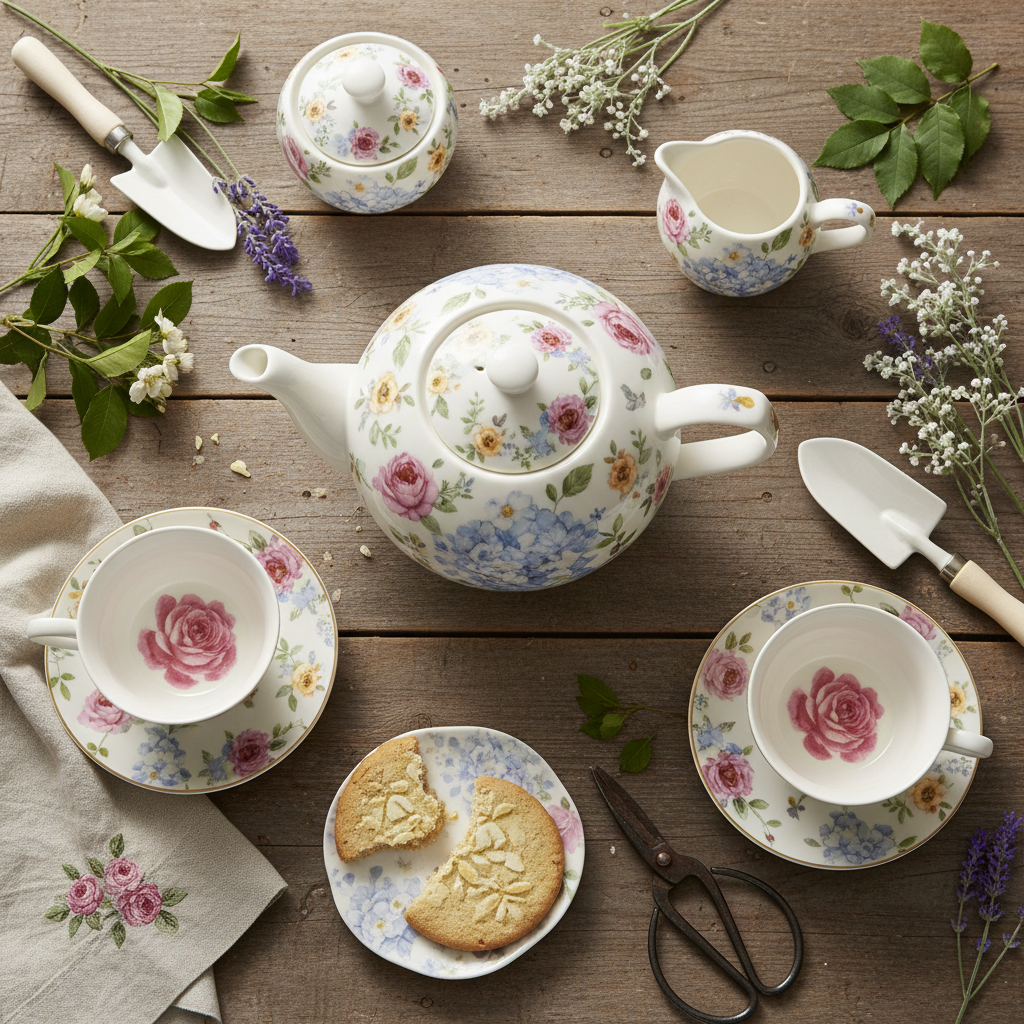 Floral pattern tea set with teapot and cups featuring garden flowers motif