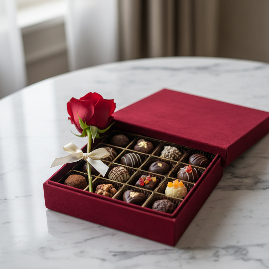 Flower and chocolate gift box open on marble with a single rose