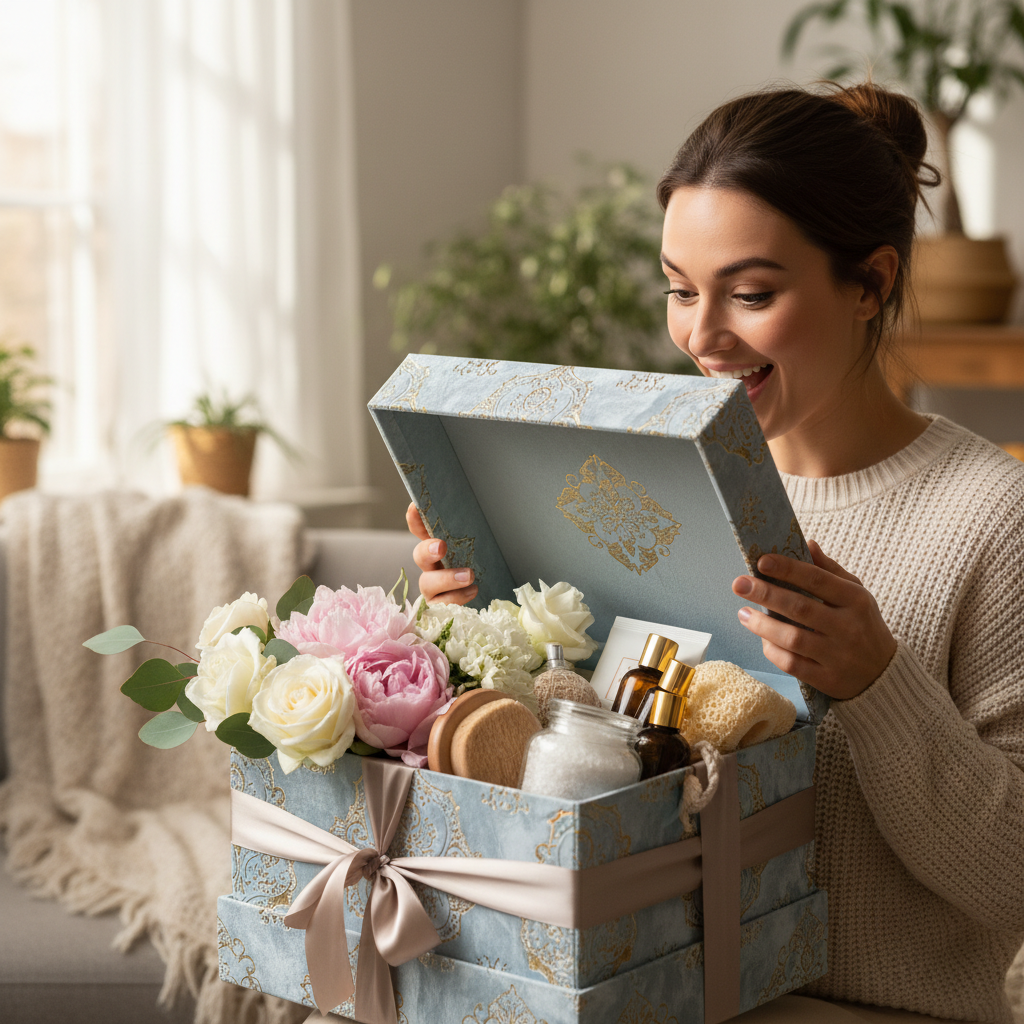 Woman happily opening a beautiful gift box containing flowers and a spa set
